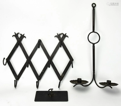 Antique Hand Forged Iron Coat Rack & Candleholder