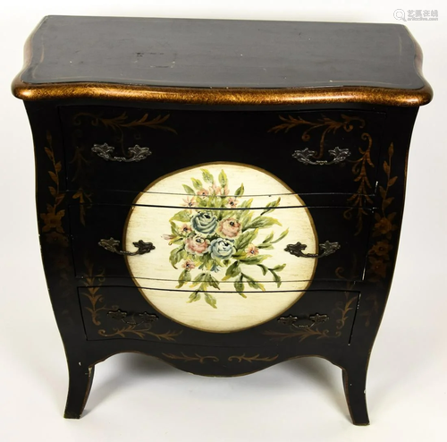 Hand Painted Boulle Ebony Chest w Floral Motif