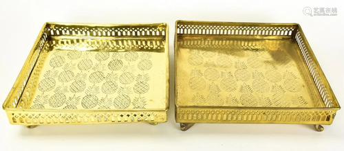 Pair Reticulated Brass Engraved Pineapple Trays