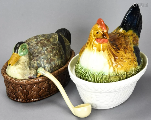 Rooster and Duck Figural Covered Turine