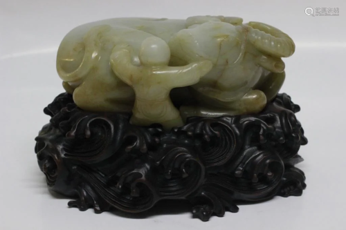 Chinese Jade Carved Buffalo and Boy w Stand
