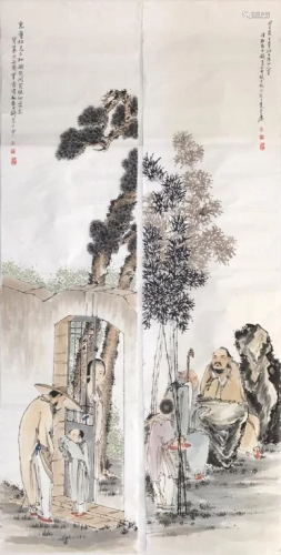 Set of Chinese Ink Color Landscape Scroll Painting