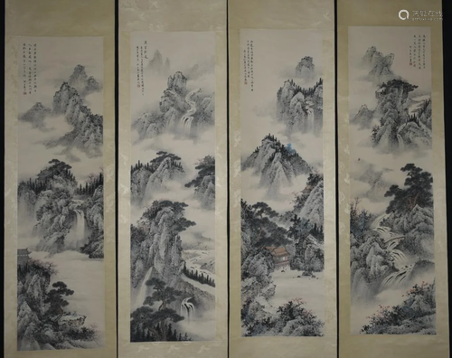 Set of Chinese Ink Color Landscape Scroll Painting