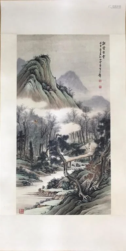 Chinese Ink Color Landscape Scroll Painting,Sign…