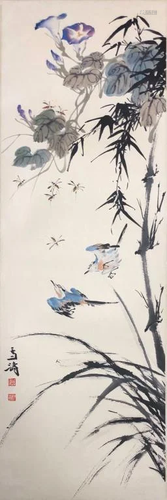 Chinese Ink Color Scroll Painting,Birds&Flowers