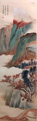 Chinese Ink Color Landscape Scroll Painting,Sign…