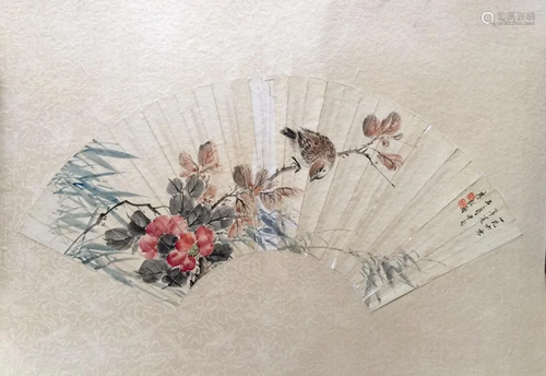 Chinese Ink Color Fan Painting w Calligraph,Signed