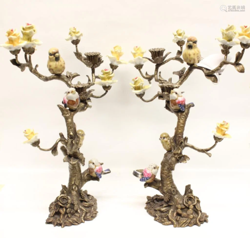 Pair of Mount with Porcelain Birds Candleholder