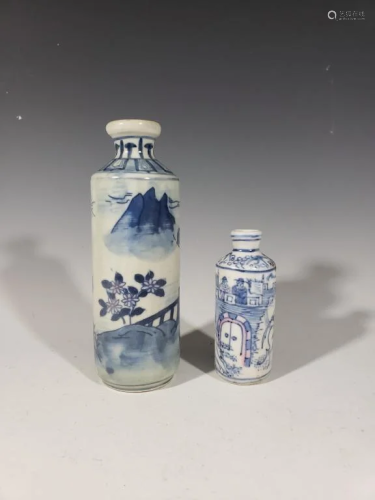 Two Chinese Blue and White Porcelain Snuff Bottle