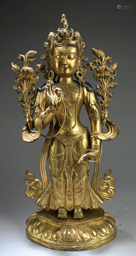 Antique Chinese Gilt Bronze Bodhisattva Statue