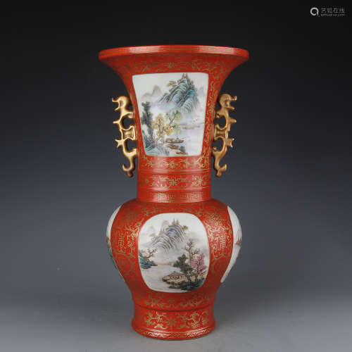 A Chinese Coral Red Famille Rose Porcelain Vase