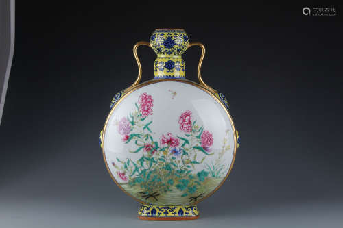 A Chinese Famille Rose Porcelain Double-eared Flask