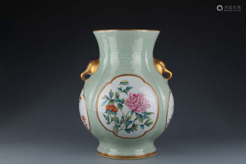 A Chinese Celadon Ground Famille Rose Porcelain Zun