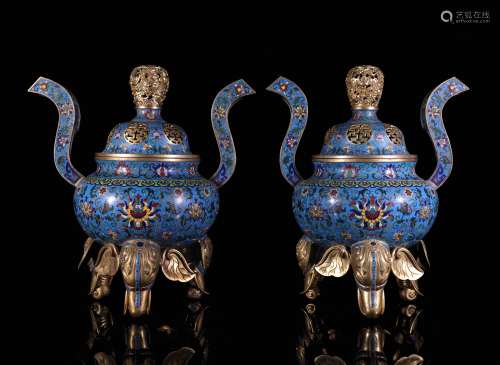 A Pair of Chinese Cloisonne Three-legged Incense Burners