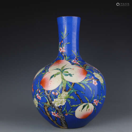 A Chinese Blue Ground Famille Rose Porcelain Vase