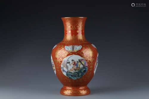 A Chinese Coral Red Famille Rose Porcelain Vase