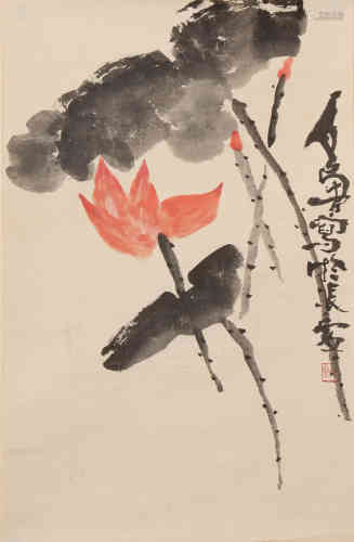 A Chinese Lotus Painting, Shi Lu Mark