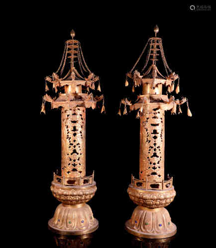 A Pair of Chinese Bronze Gilding Pagodas