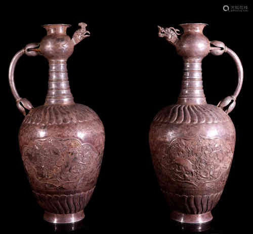A Pair of Chinese Silver Dragon Mouthed Pots