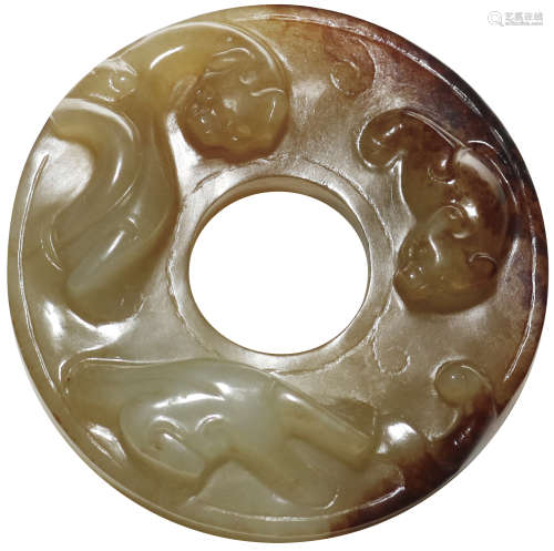 漢Han Dynasty(206BC-220AD) 白玉帶紅沁螭龍環