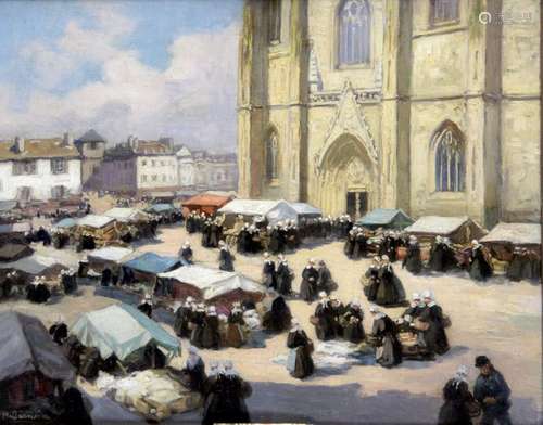 HENRI BARNOIN (1882 1940), Marché à Quimper Huile …