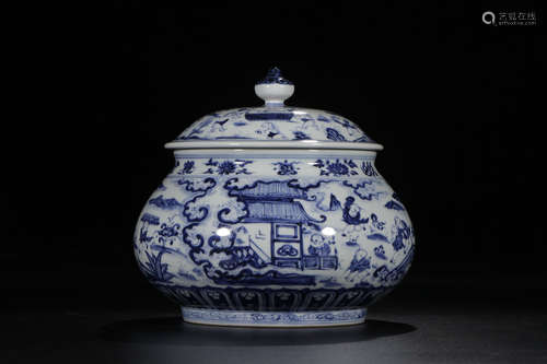 A Chinese Blue and White Porcelain Hat-covered Jar