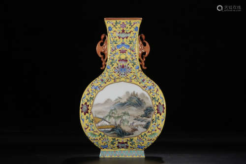 A Chinese Famille Rose Yellow Ground Floral Porcelain Squared Vase