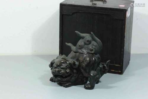 A Chinese Bronze Incense Burner with a Wooden Box