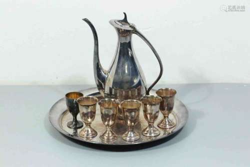 A Set of Japanese Silver Ewer, a Tray and 6 Cups,