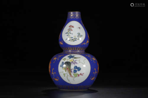 A Chinese Famille Rose Sapphire Ground Porcelain Gourd Shaped Vase