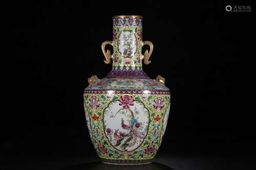 A Chinese Enamel Gilt Floral Porcelain Vase with Double Ears