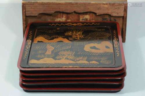 A Set of 5 Japanese  Laquered Wood Trays with a Box