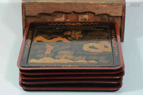 A Set of 5 Japanese  Laquered Wood Trays with a Box