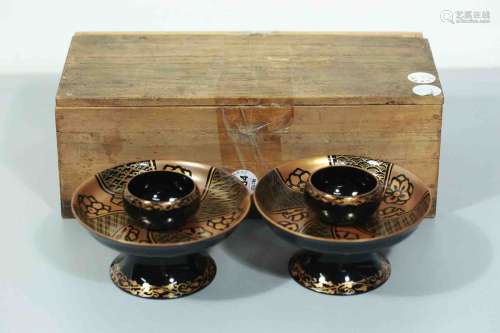 A Pair of Laquered Wood Cups with a Box