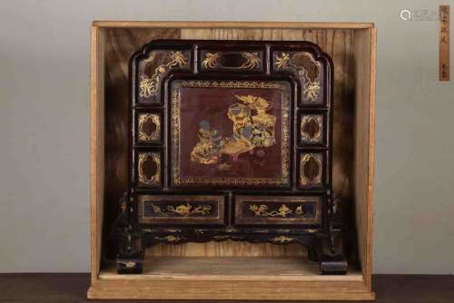 A Chinese Laquered Wood Gilt Inkstone Screen