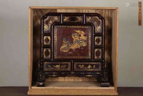 A Chinese Laquered Wood Gilt Inkstone Screen