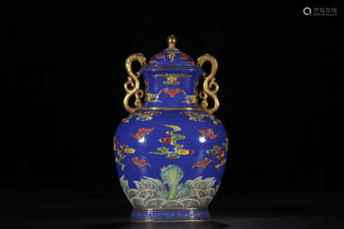 A Chinese Sapphire Glazed Enamel Gilt Porcelain Vase