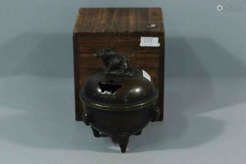 A Chinese Bronze Three-legged Incense Burner with a Wooden Box