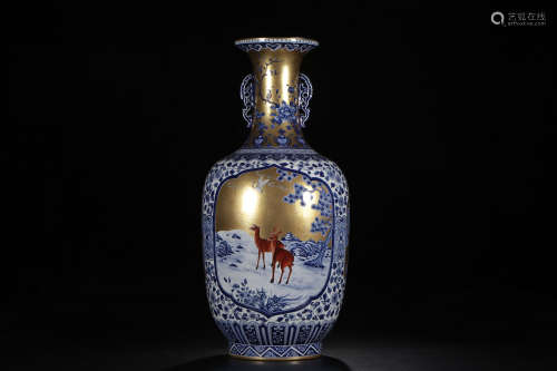 A Chinese Blue and White Gilt Floral Porcelain Vase with Double Ears