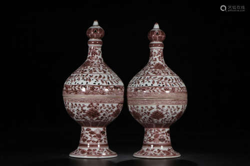 A Pair of Chinese Underglazed Red Floral Porcelain Incense Burners