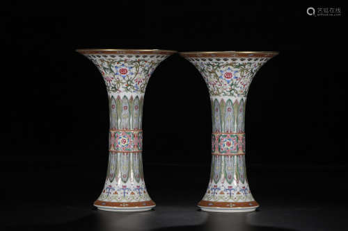 A Pair of Chinese Enamel Gilt Floral Porcelain Beaker Vases