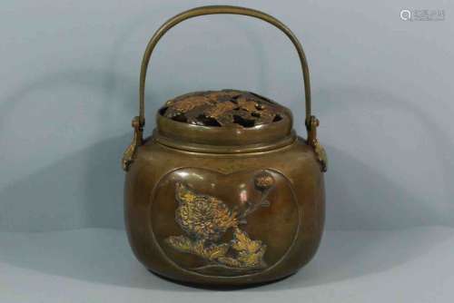 A Chinese Carved Bronze Hoop-handled Censer