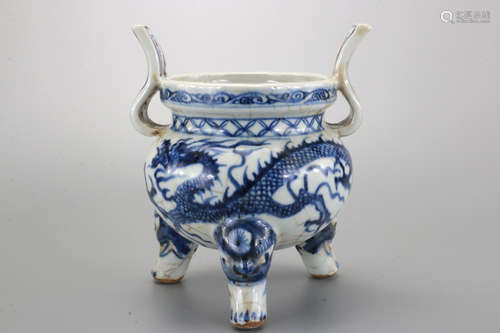 A Blue and White Dragon trod Censer