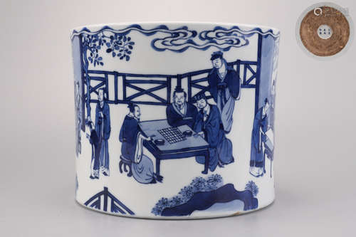 A Blue and White Scholars Group Brushpot