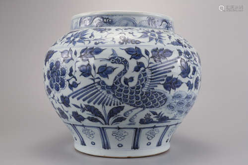 A Blue and White Phoenix and Peonies Jar