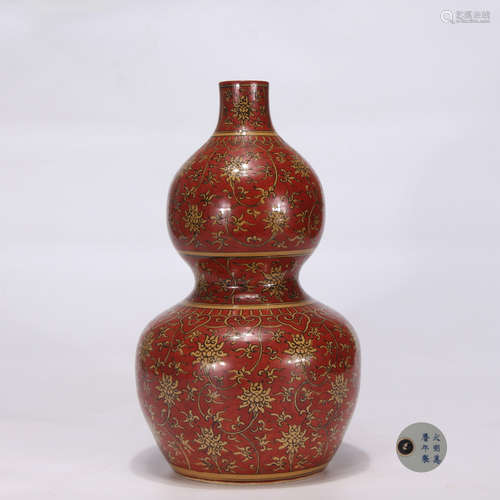 An Iron Red Ground and Yellow Enameled Gourd Shaped Vase