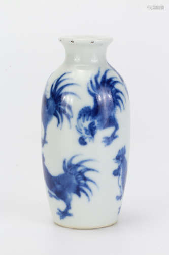 A Blue and White Roosters Snuffbottle