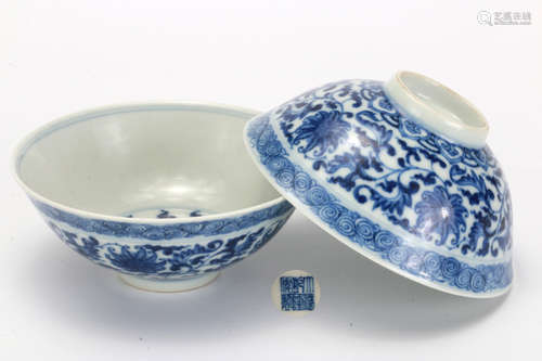 Matched Pair Lotus Scrolls Bowls