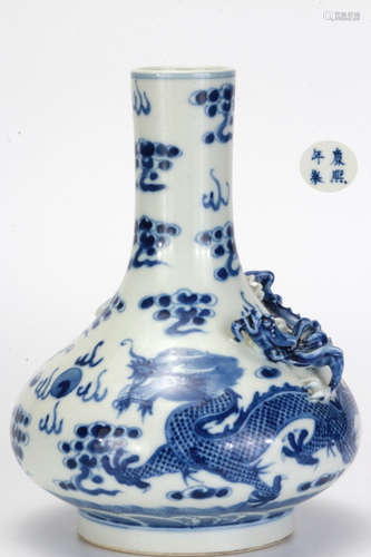 A Blue and White Dragons Bottle Vase