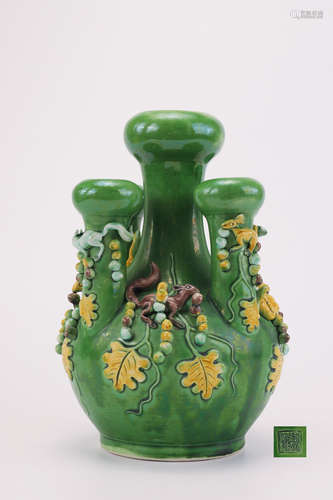 A Famille Verte Biscuit Five-Spouted Vase